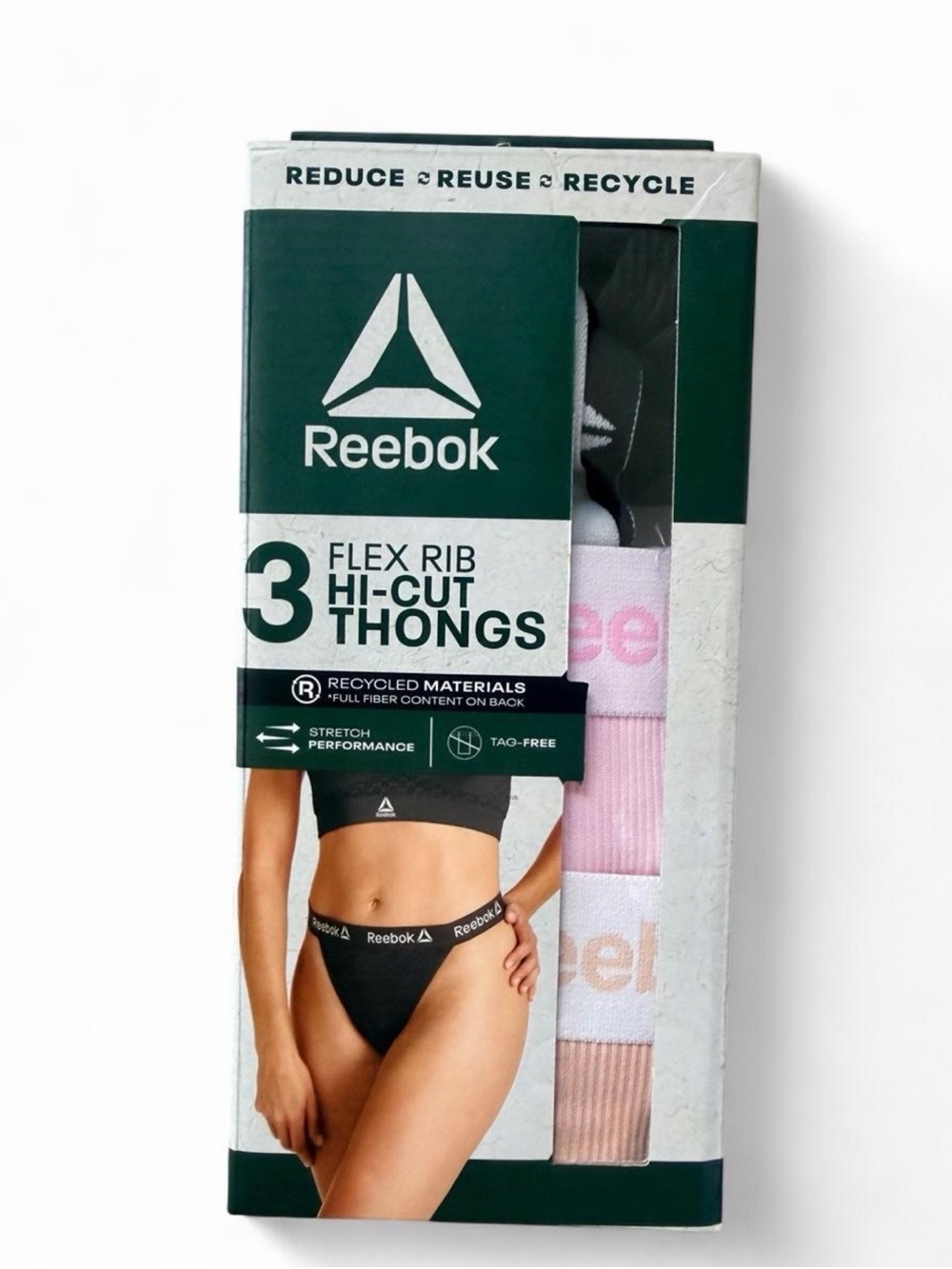 Reebok 3-Pack Flex Rib Hi-Cut Thongs – Black, Pink, Beige